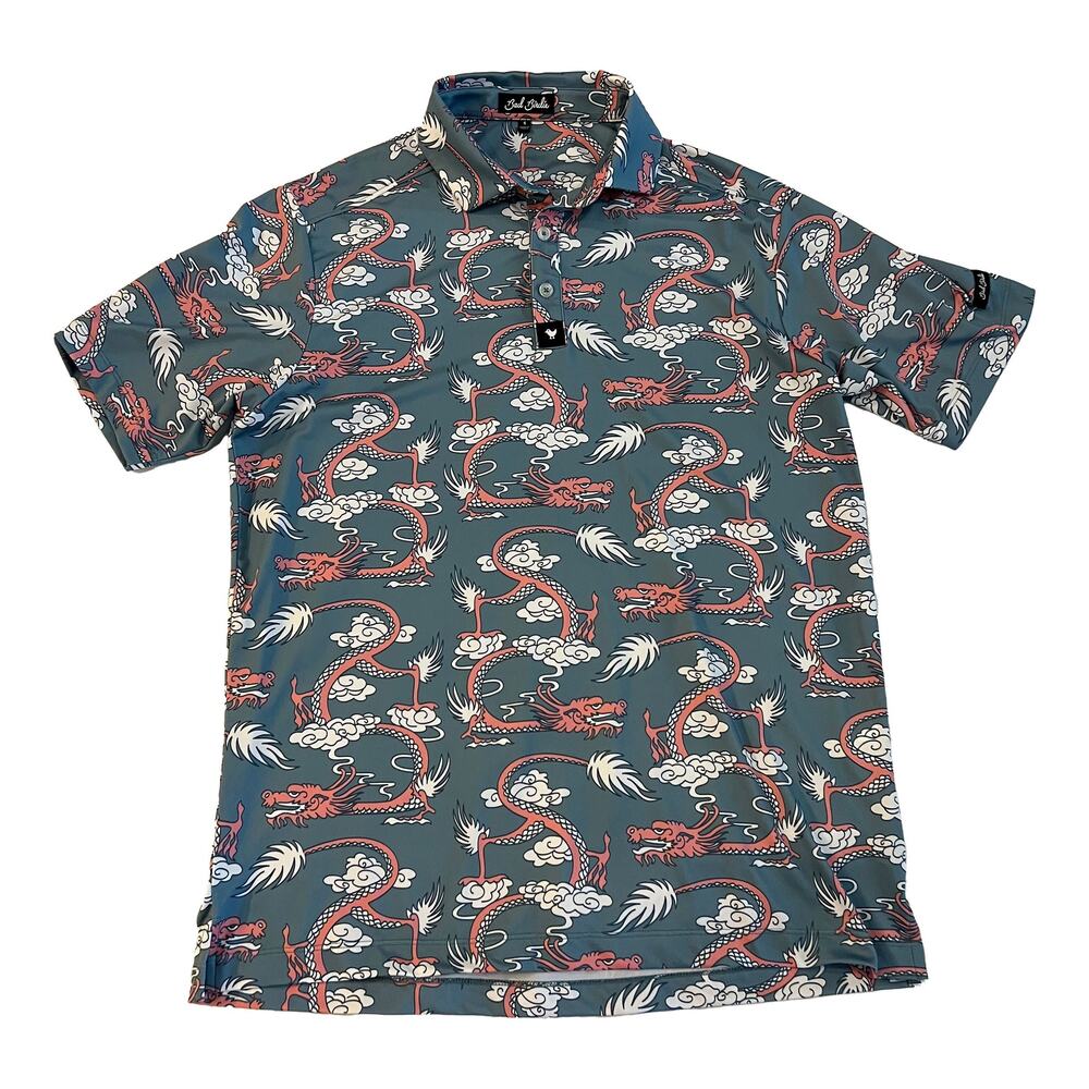 Bad Birdie Golf Polo Shirt Mens Size Small Blue Red Dragon Cloud Print Athletic
